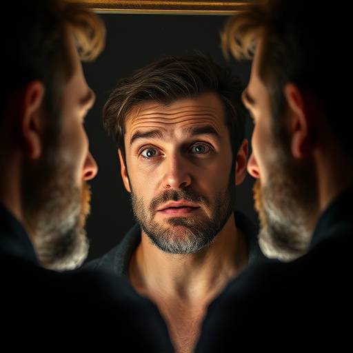 Een acteur die verschillende gezichtsuitdrukkingen oefent voor een spiegel.