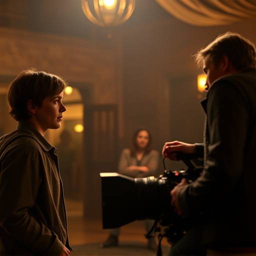 Een filmset met een camera gericht op twee acteurs die een emotionele sc&radic;&reg;ne spelen.