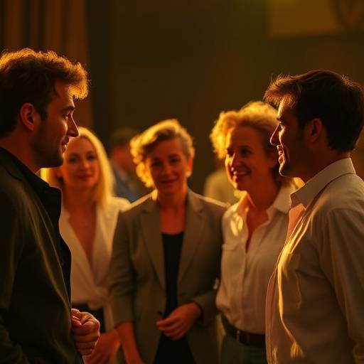 Een groep acteurs die in gesprek zijn na een geslaagde voorstelling