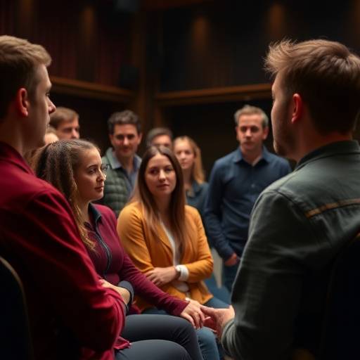Een groep beginnende acteurs die luistert naar een docent in een theaterzaal.