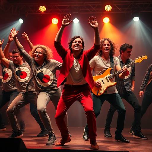 Een groep musical acteurs die gezamenlijk een krachtige sc&radic;&reg;ne uitvoeren.