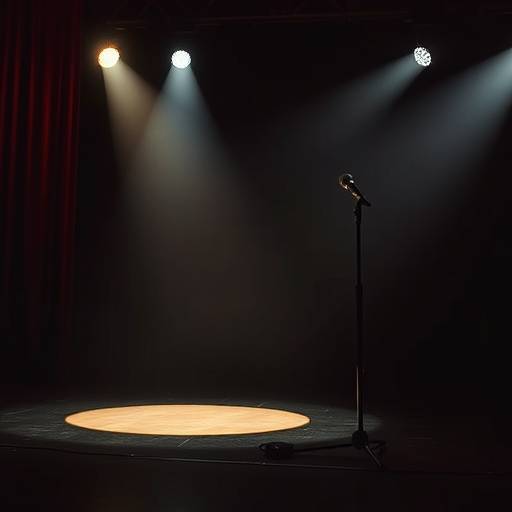 Een podium met een microfoon en een spotlight gericht op de vloer.