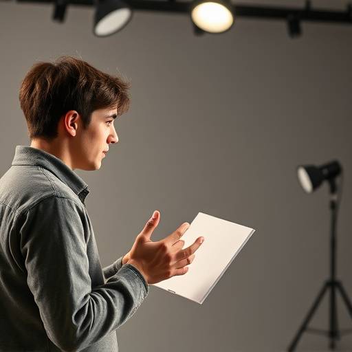 Een student die geconcentreerd een monoloog oefent in een studio met veel licht