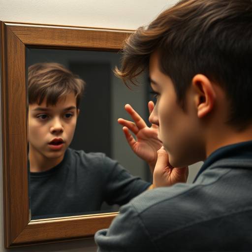 Een student die met expressieve gezichtsuitdrukkingen voor een spiegel staat