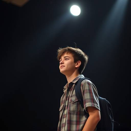 Een student die op een podium staat, met focuslicht op hem gericht