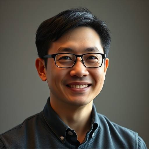Portretfoto van David Chen, stemcoach met een kalme en vriendelijke houding, klaar om te luisteren.